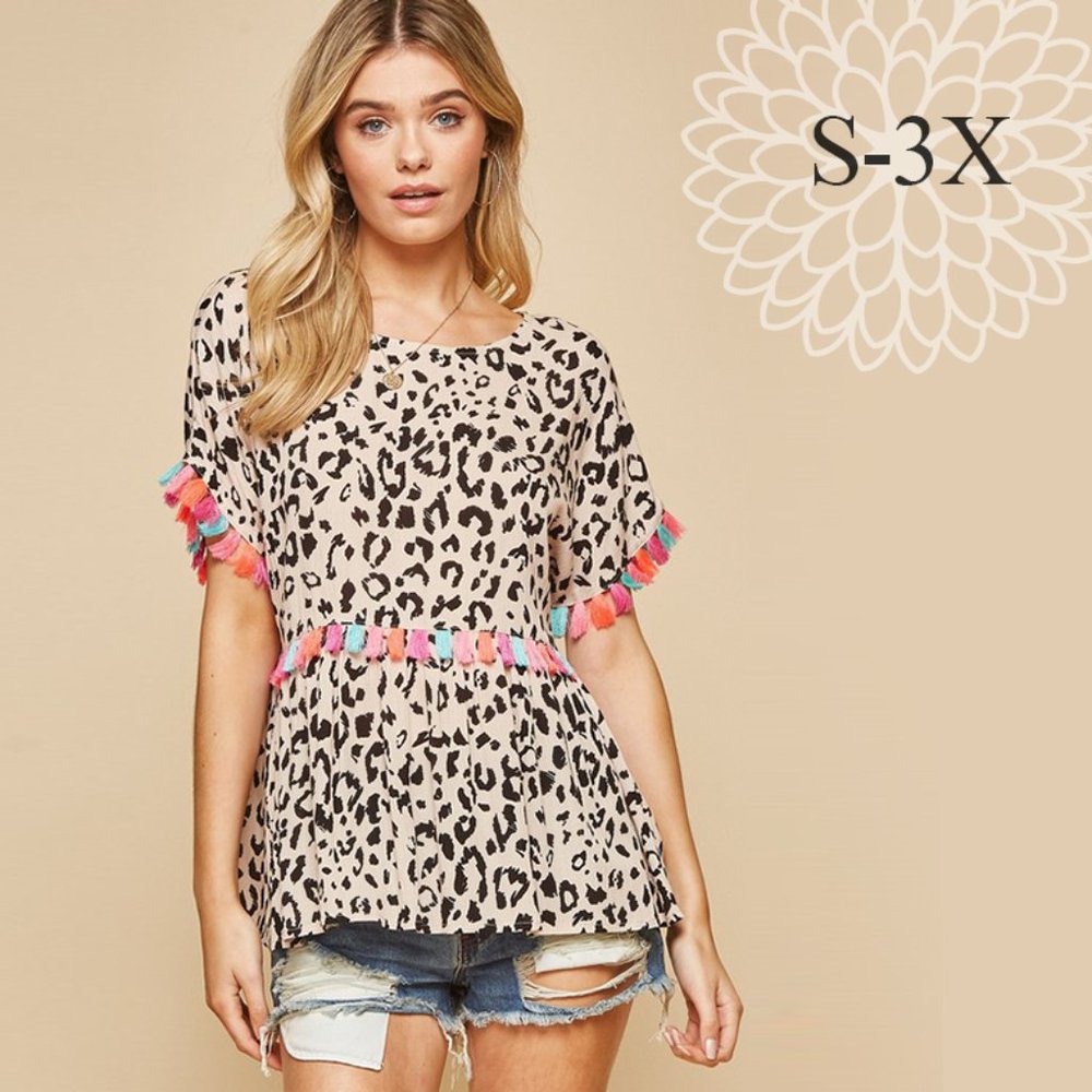 Leopard Peplum Top with Multicolor Tassels